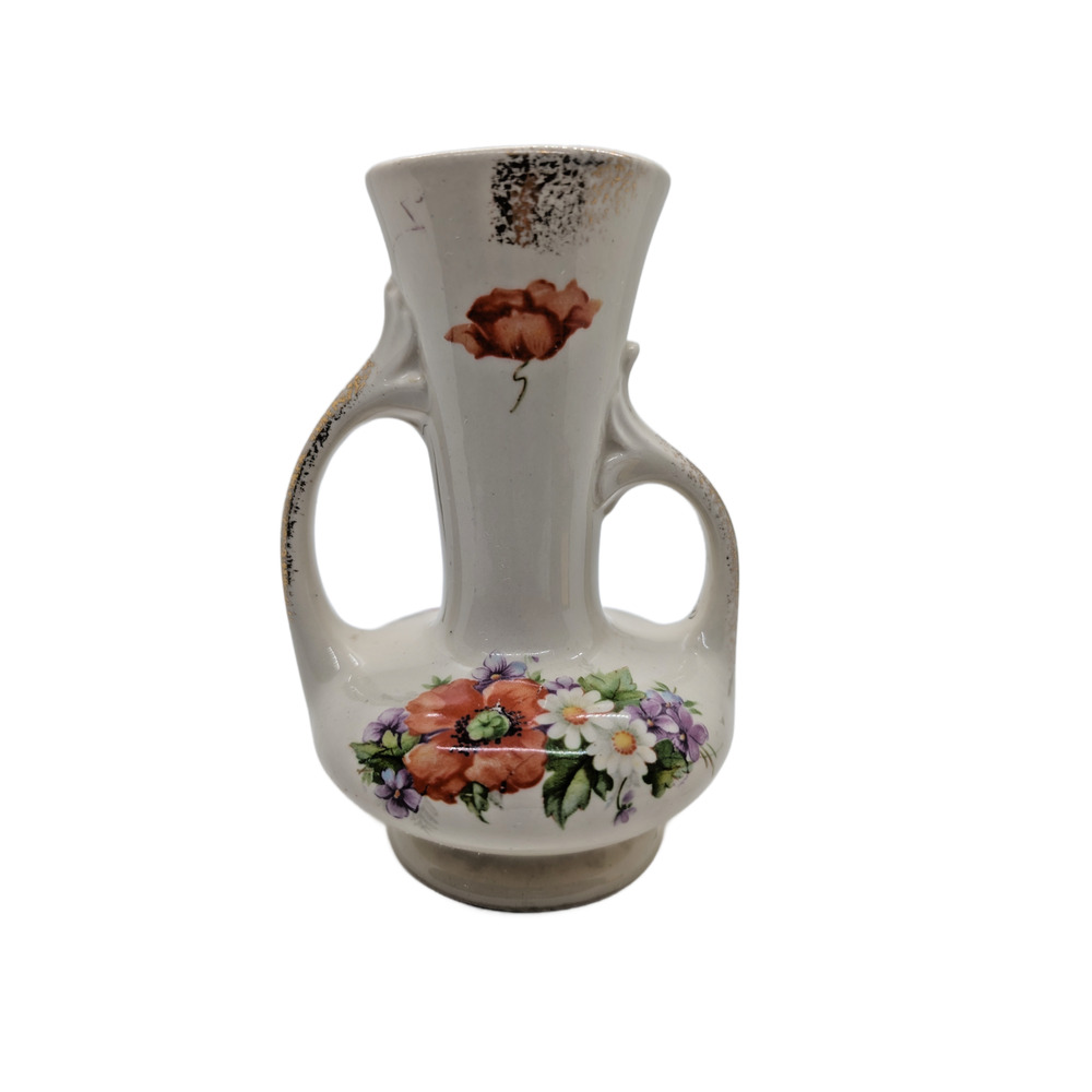 Vintage MCM Pioneer Pottery Double Handle Vase Floral Iridescent 5.5”